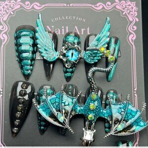 Handcrafted Press-on Nail Set - Bold Green Dragon
